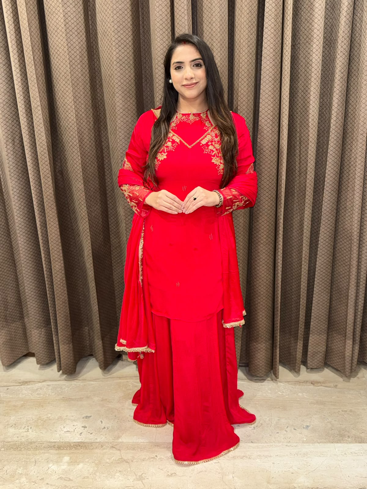 Red Sharara set with Designer neck and  handwork