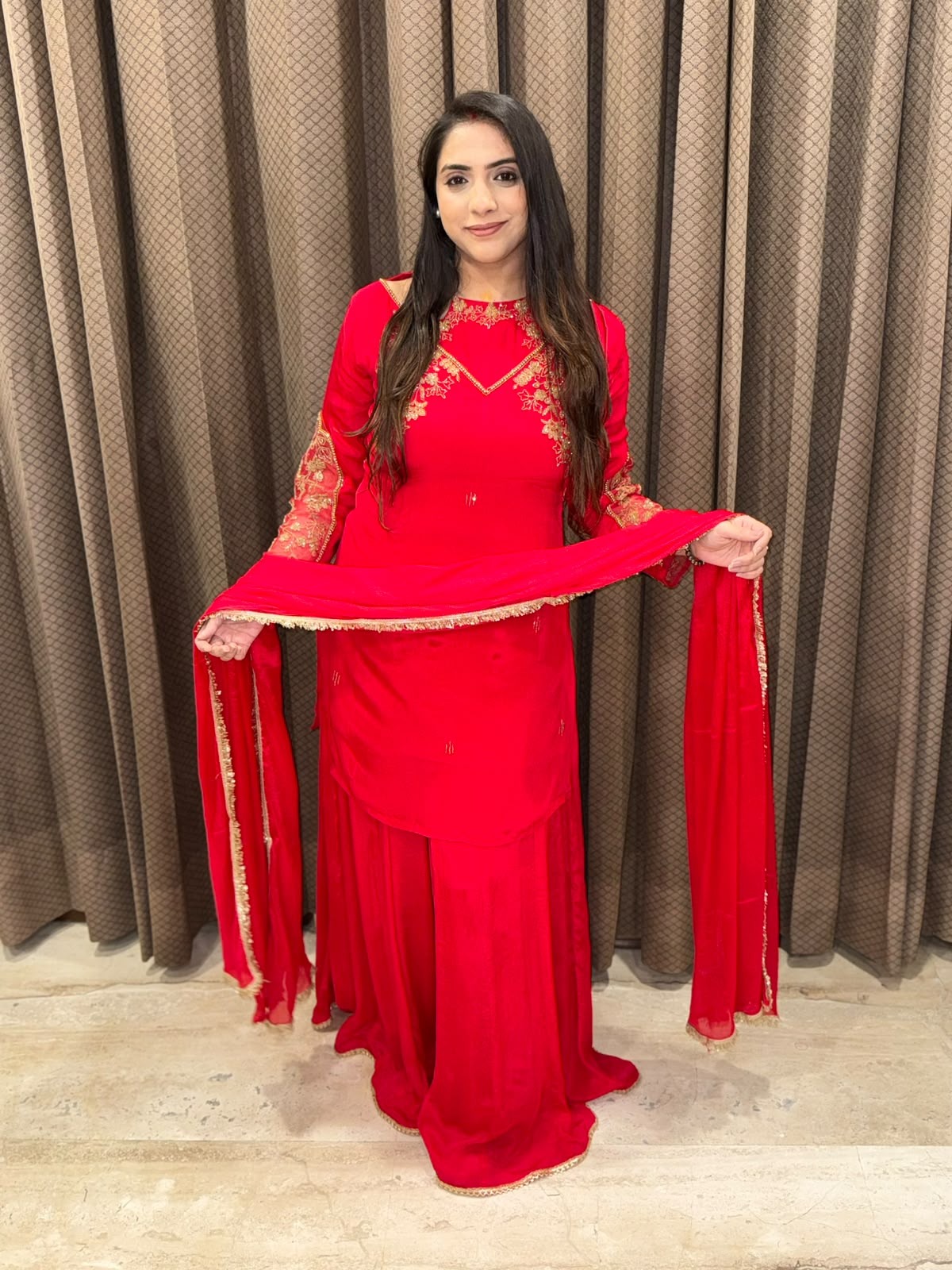 Red Sharara set with Designer neck and  handwork
