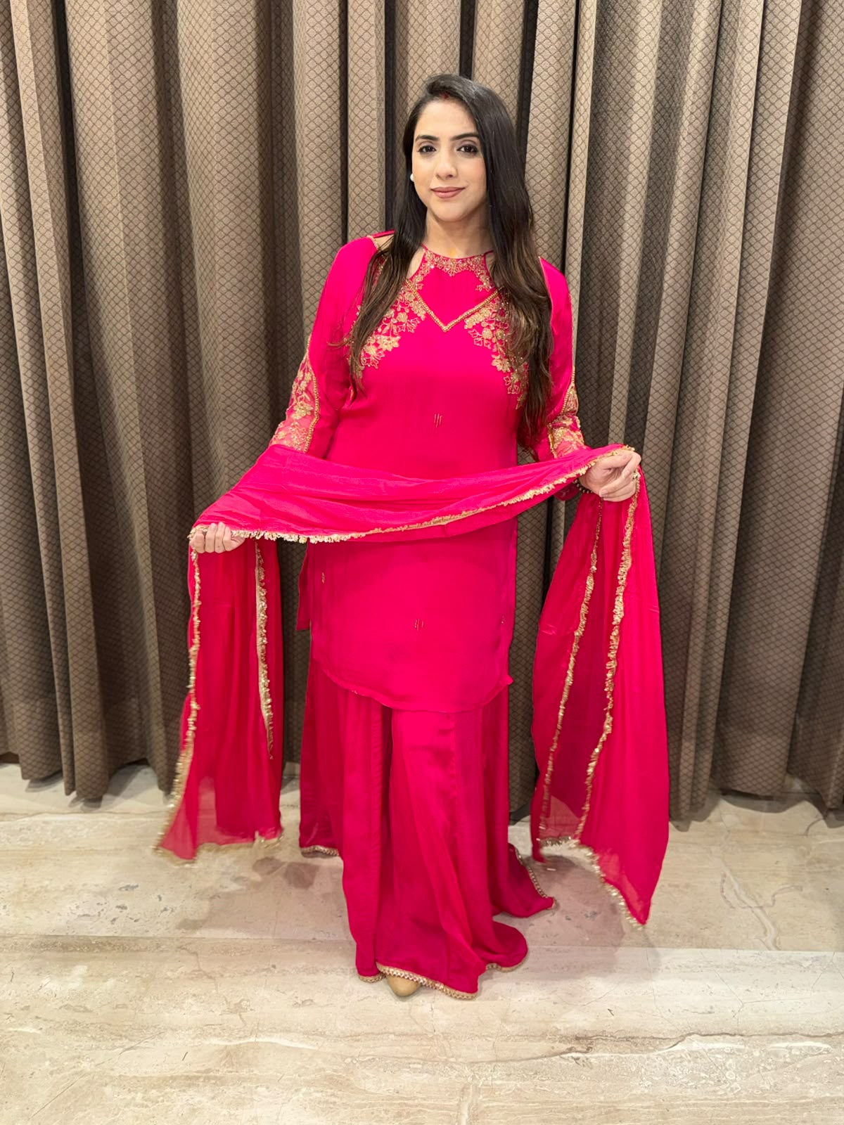 Pink Sharara set with designer neck & handwork