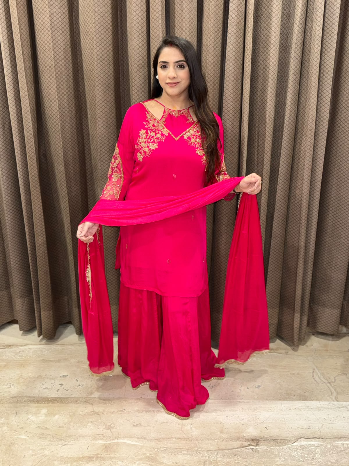 Pink Sharara set with designer neck & handwork