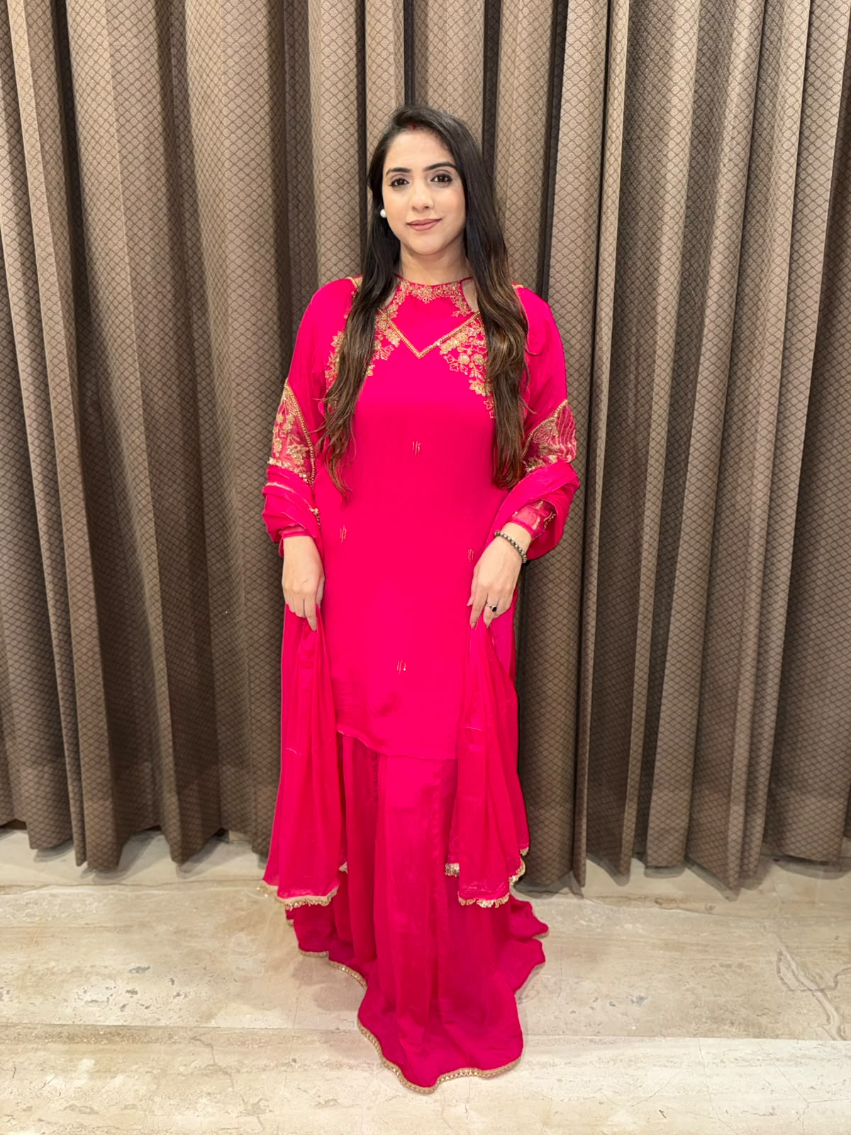 Pink Sharara set with designer neck & handwork