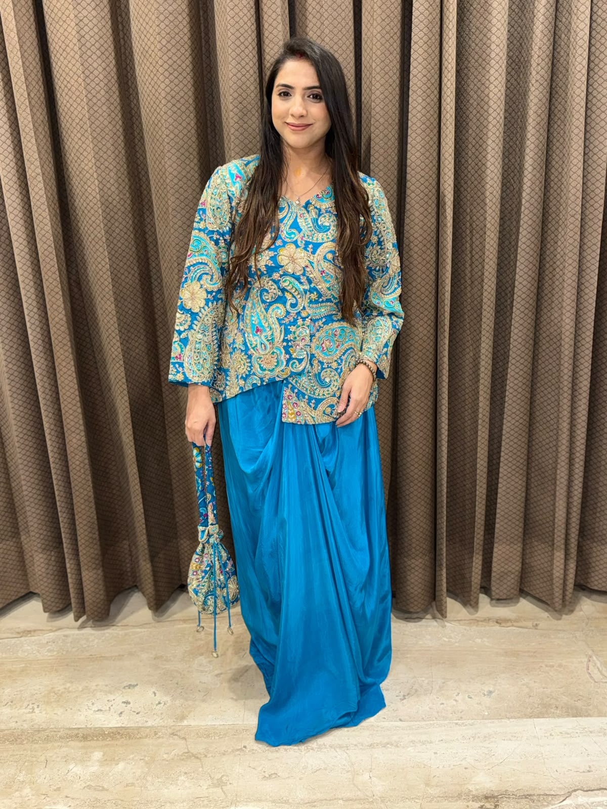 Blue Designer handwork Drape skirt set with potli