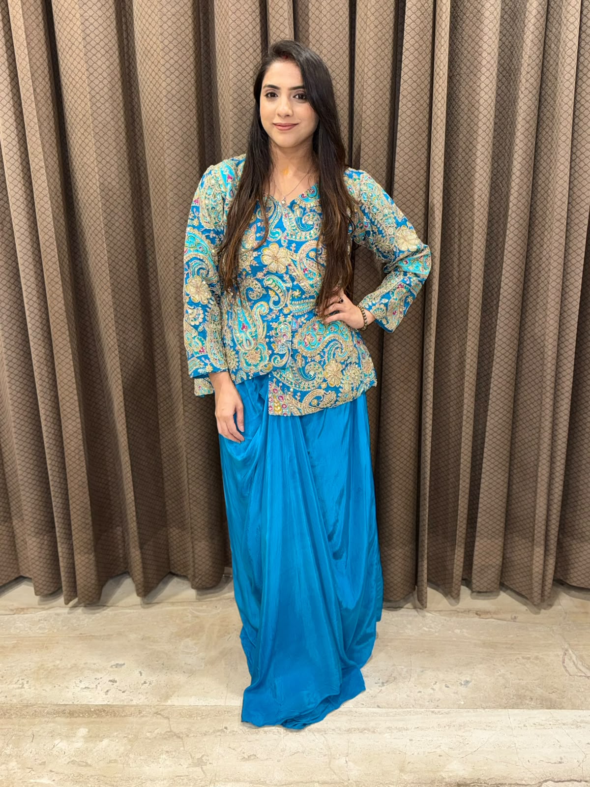 Blue Designer handwork Drape skirt set with potli