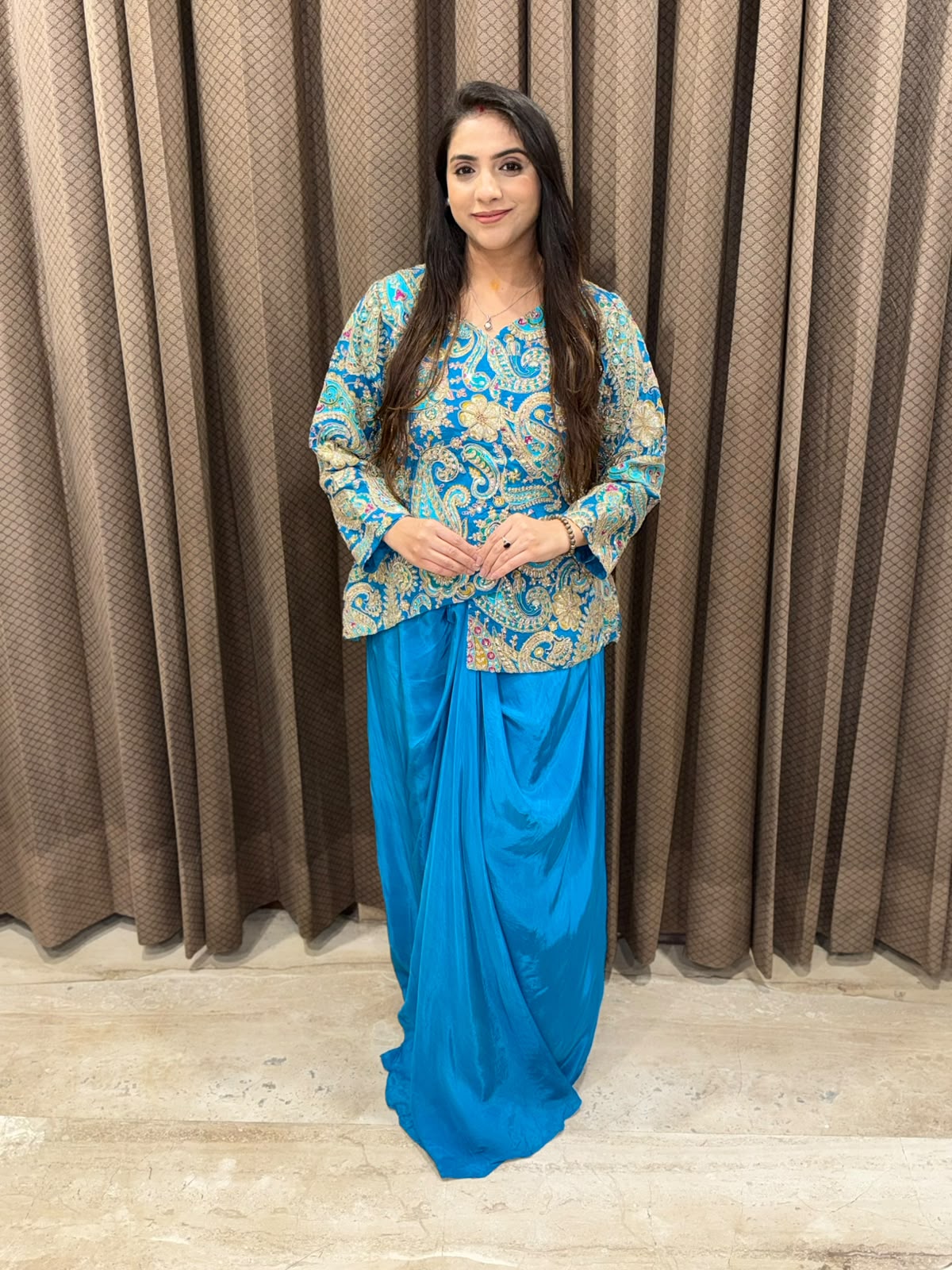 Blue Designer handwork Drape skirt set with potli