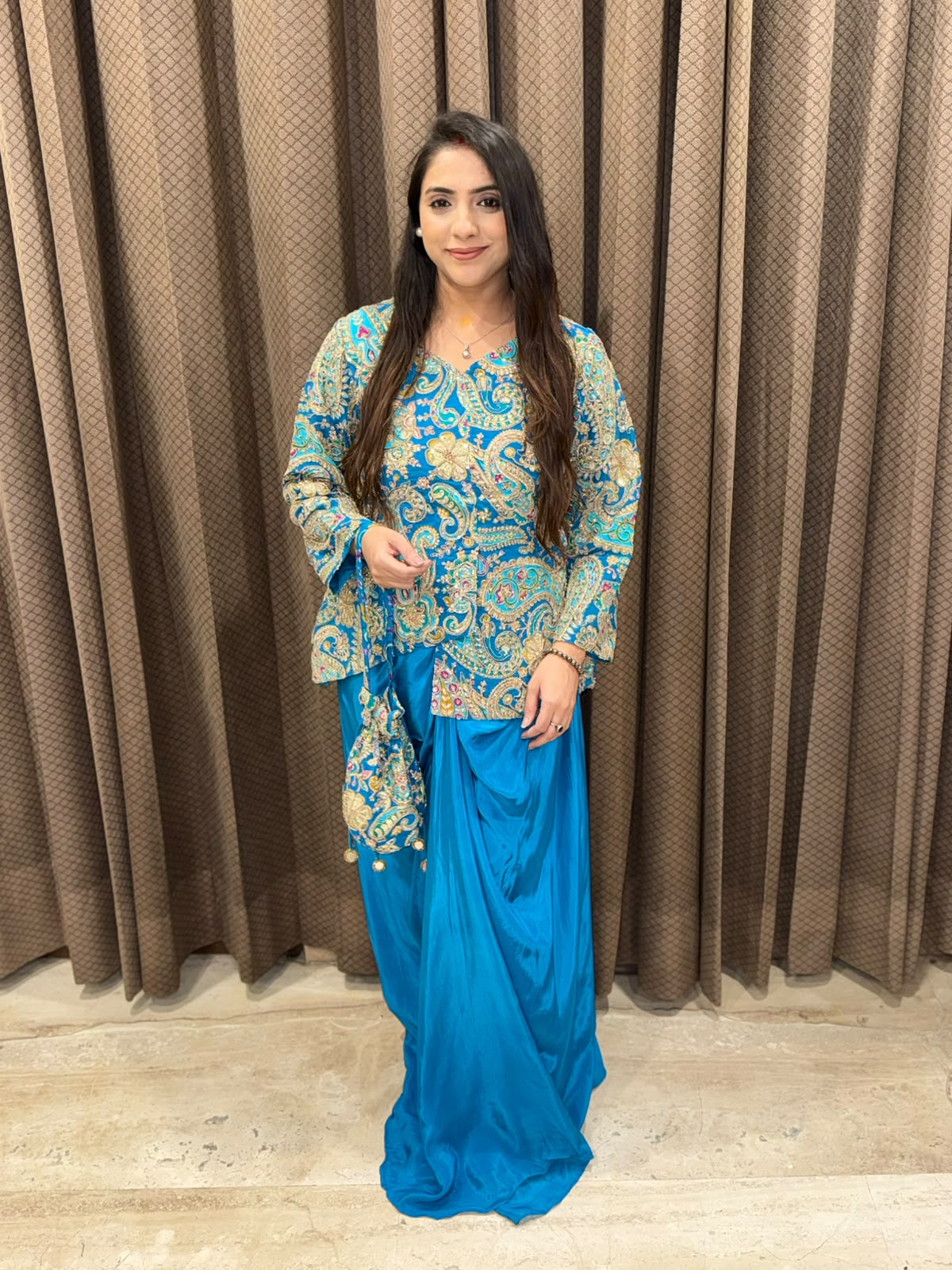 Blue Designer handwork Drape skirt set with potli