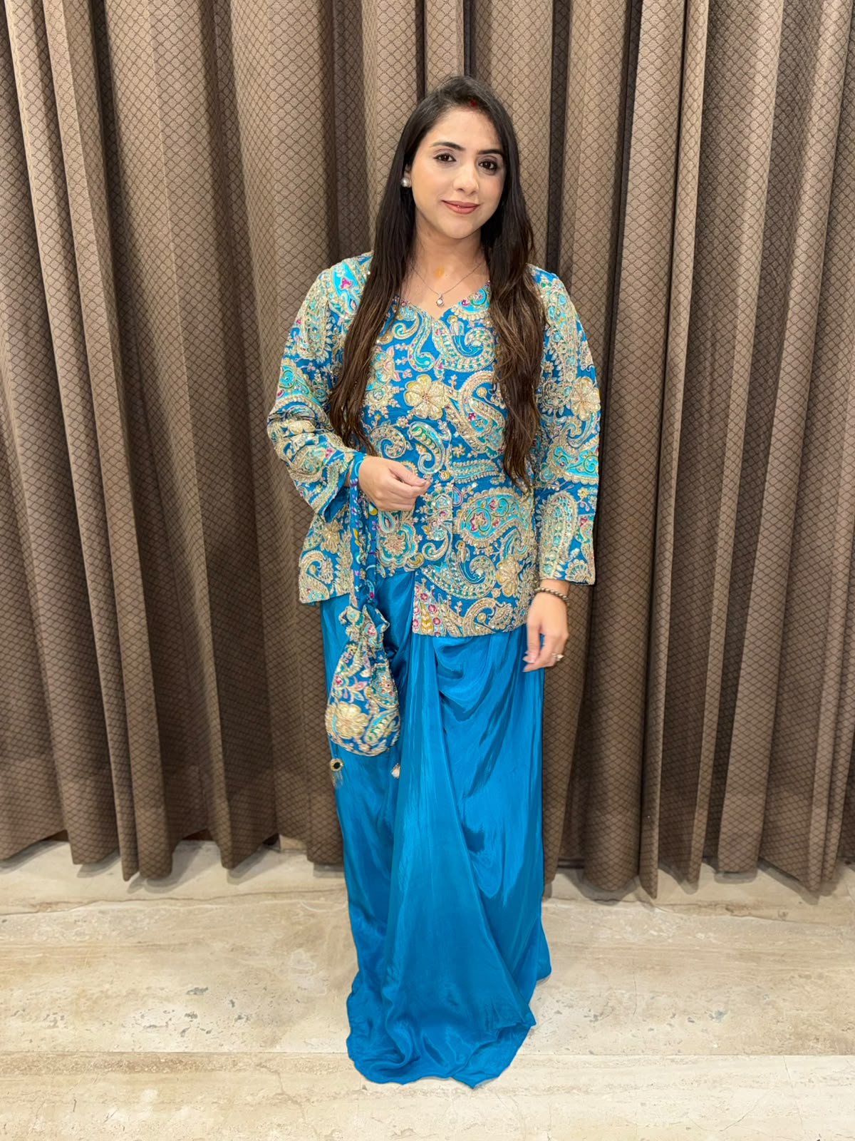 Blue Designer handwork Drape skirt set with potli