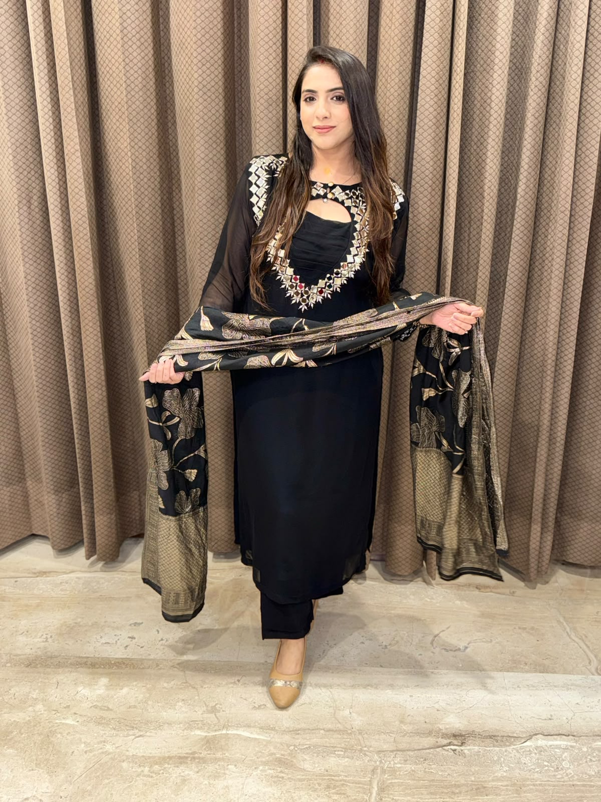 Black Straight suit with designer neck and handwork