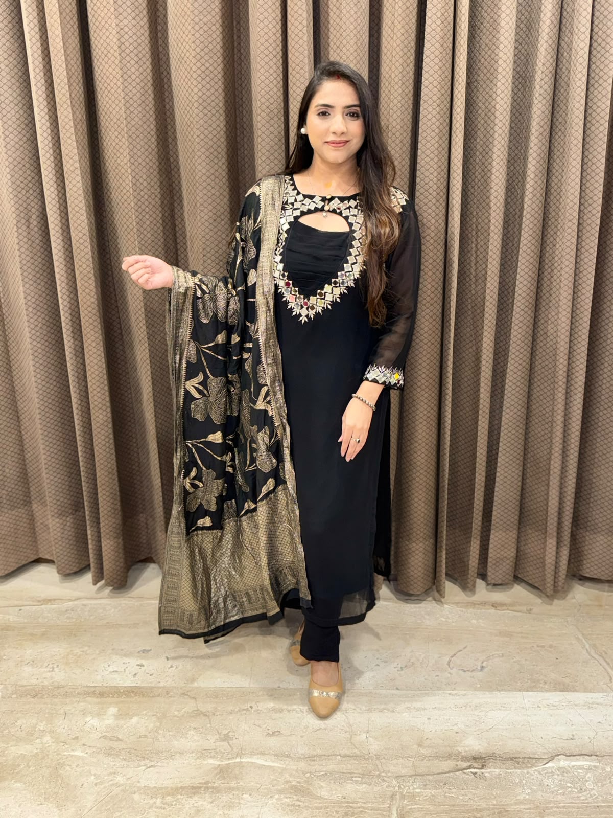 Black Straight suit with designer neck and handwork