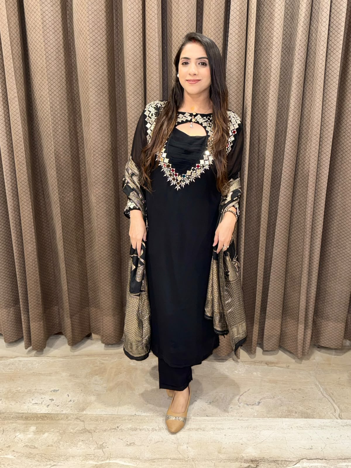 Black Straight suit with designer neck and handwork