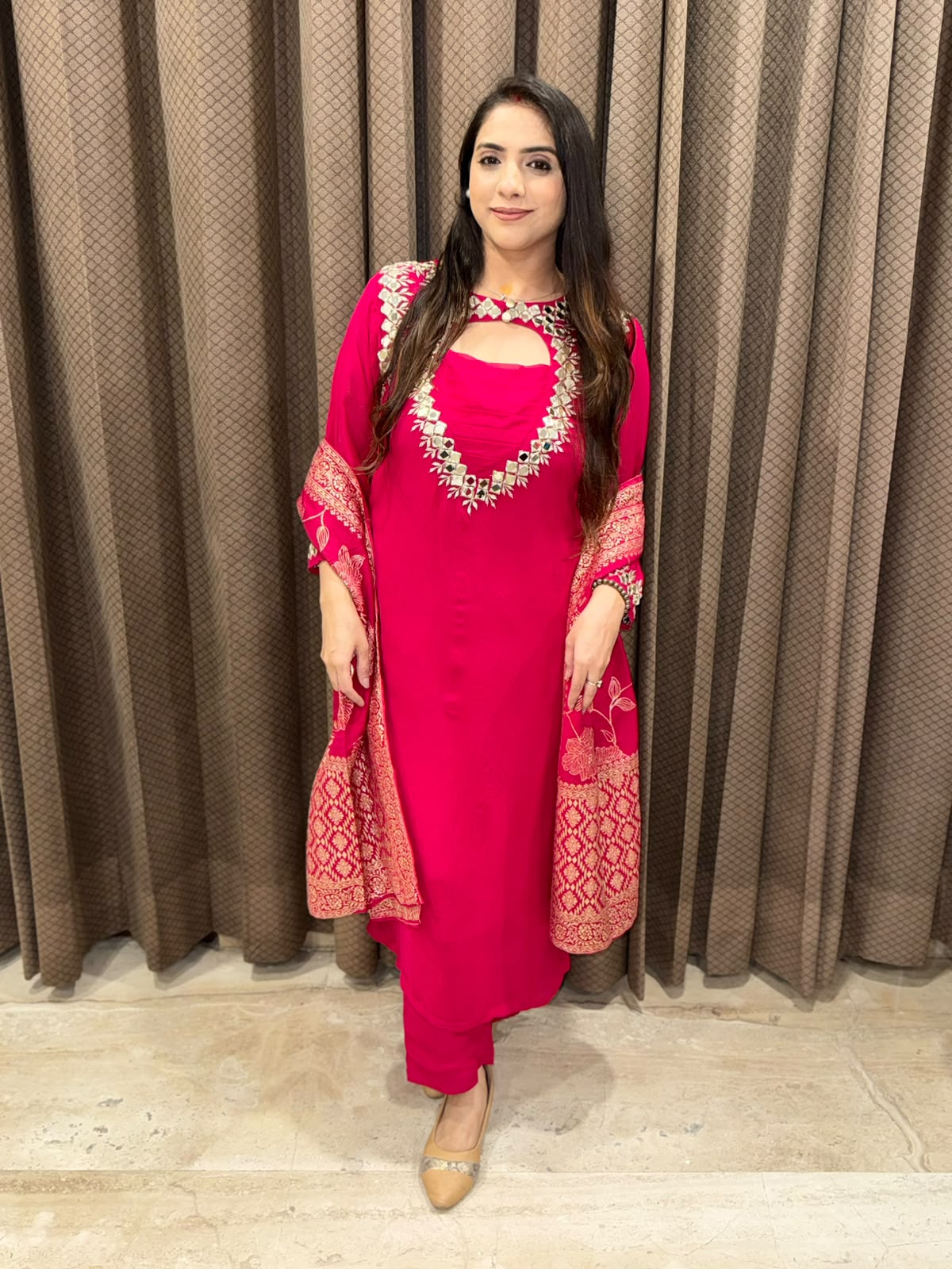 Pink Straight suit with designer neck and handwork