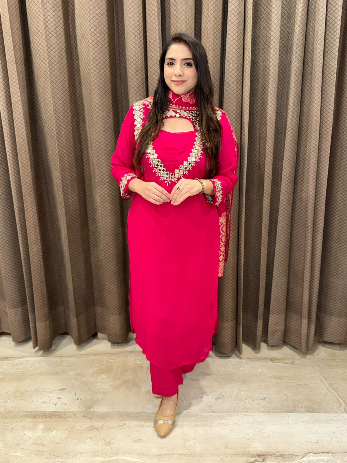 Pink Straight suit with designer neck and handwork