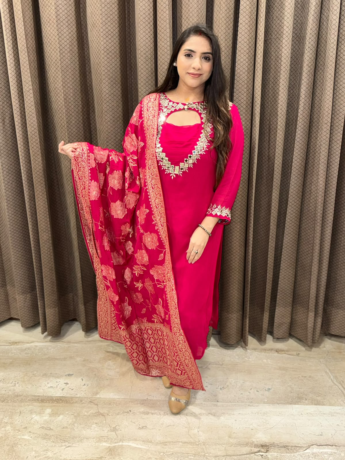 Pink Straight suit with designer neck and handwork