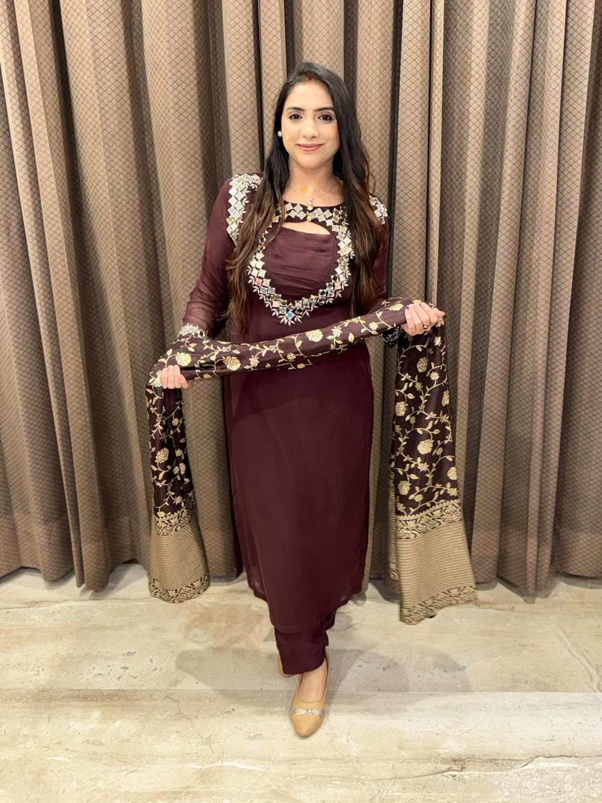 Brown Straight suit with designer neck and handwork
