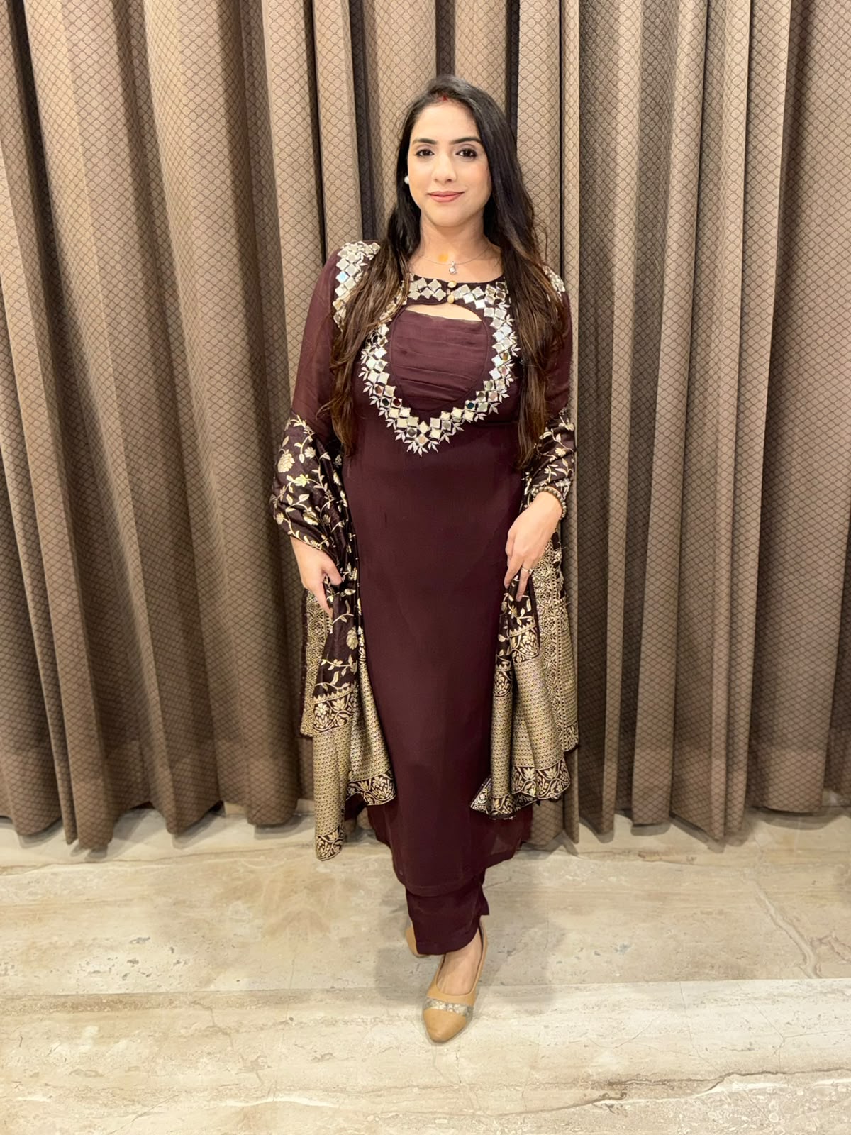 Brown Straight suit with designer neck and handwork