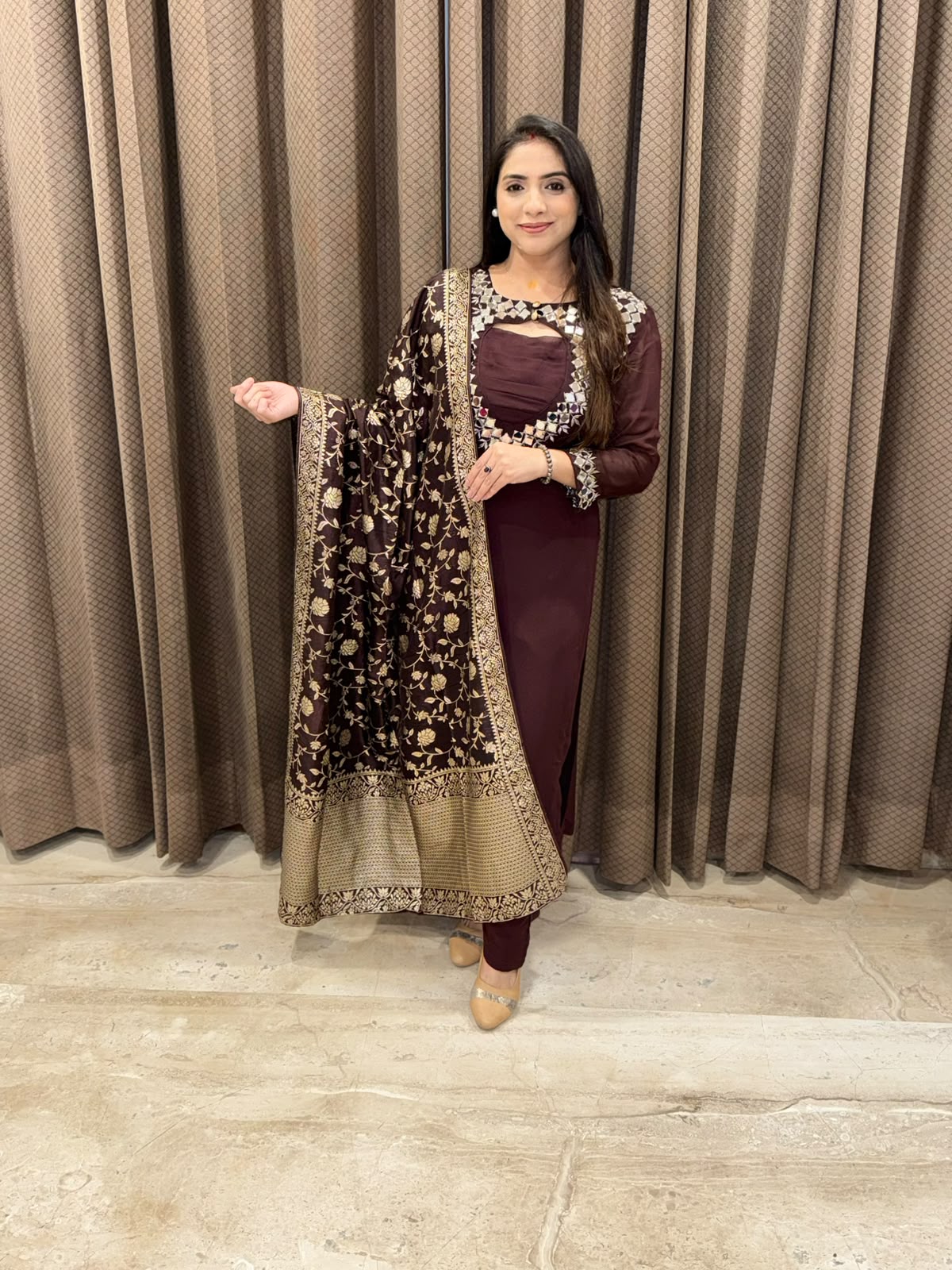 Brown Straight suit with designer neck and handwork