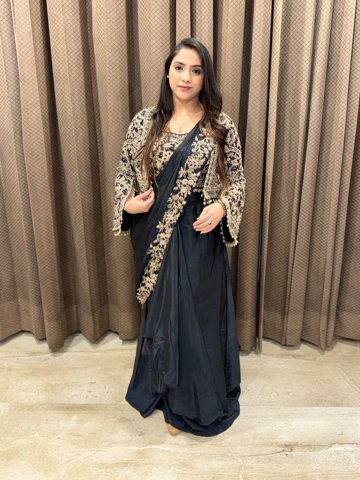 Black designer Drape saree with handwork Jacket