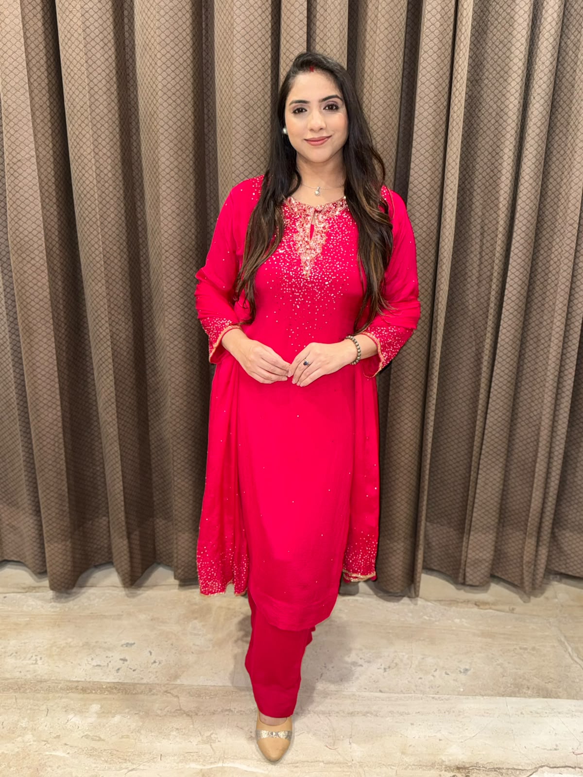 Pink Straight suit with designer handwork & heavy dupatta