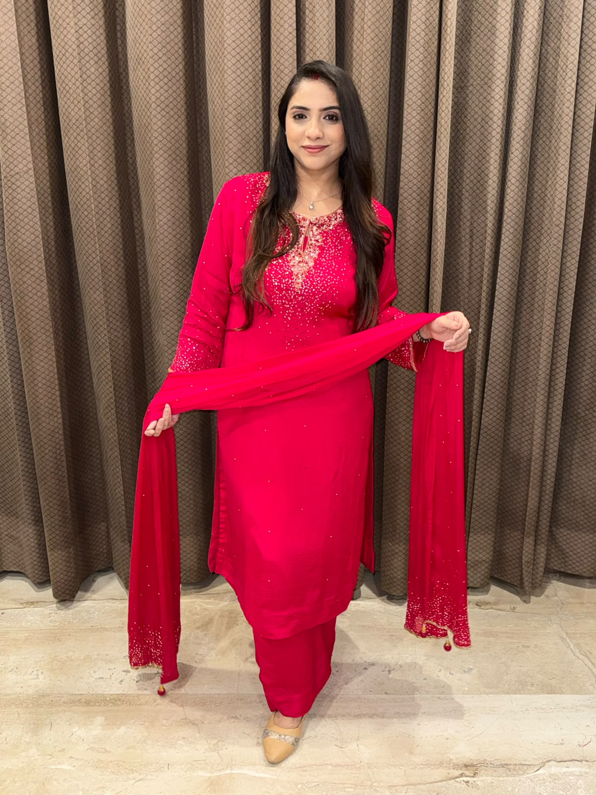 Pink Straight suit with designer handwork & heavy dupatta