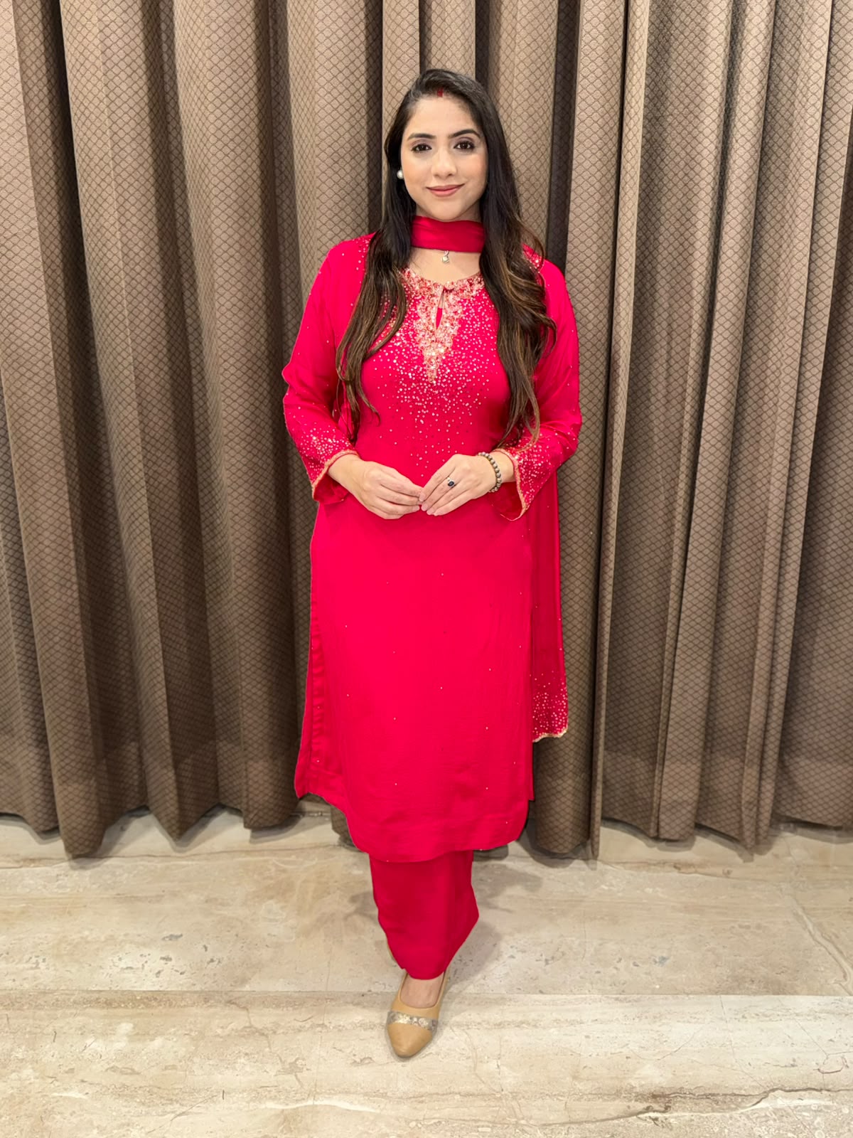 Pink Straight suit with designer handwork & heavy dupatta