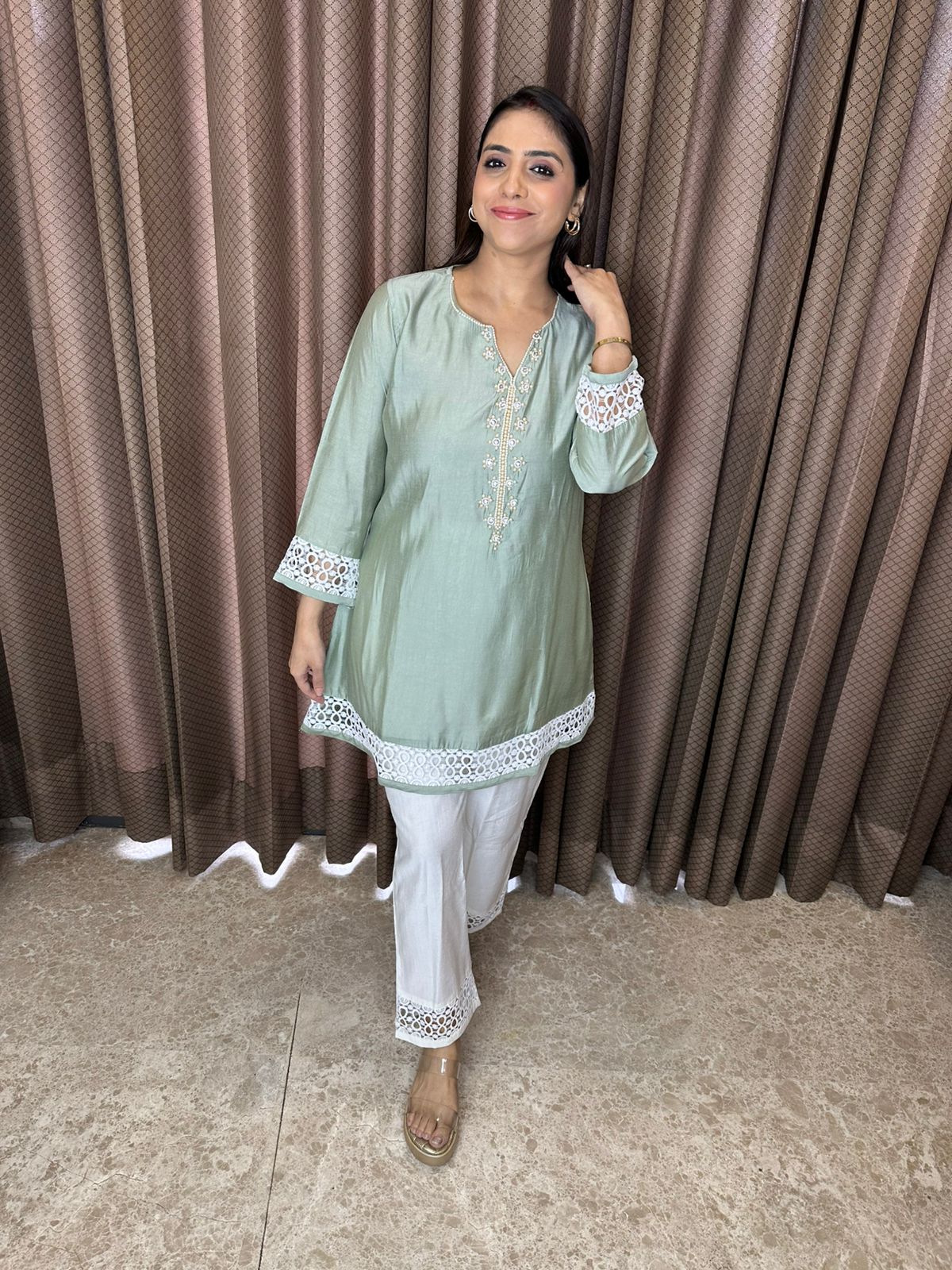 Pastel Green Kurta Set with Crochet Lace Detailing
