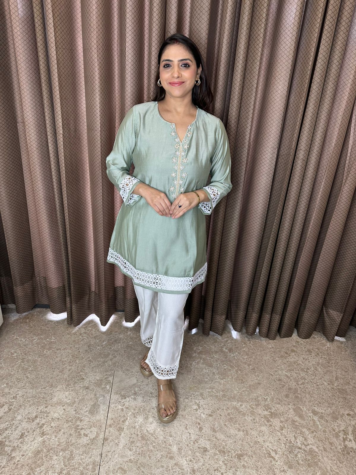Pastel Green Kurta Set with Crochet Lace Detailing