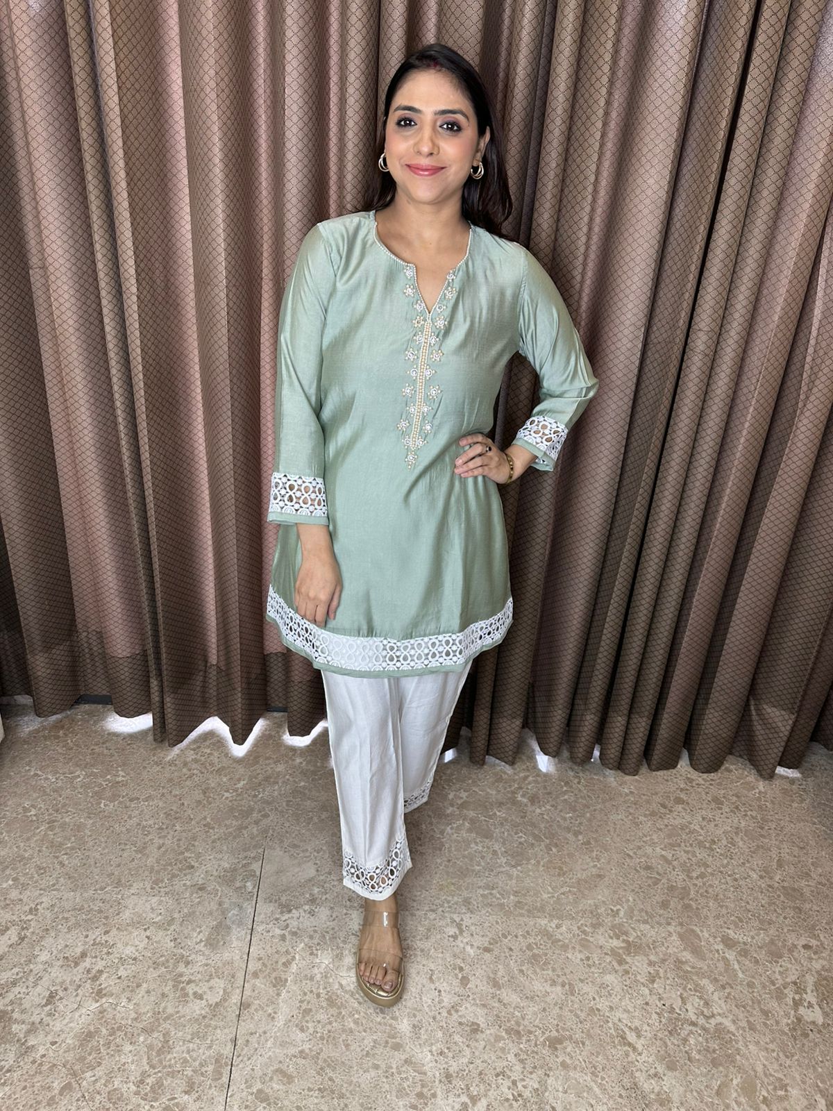 Pastel Green Kurta Set with Crochet Lace Detailing