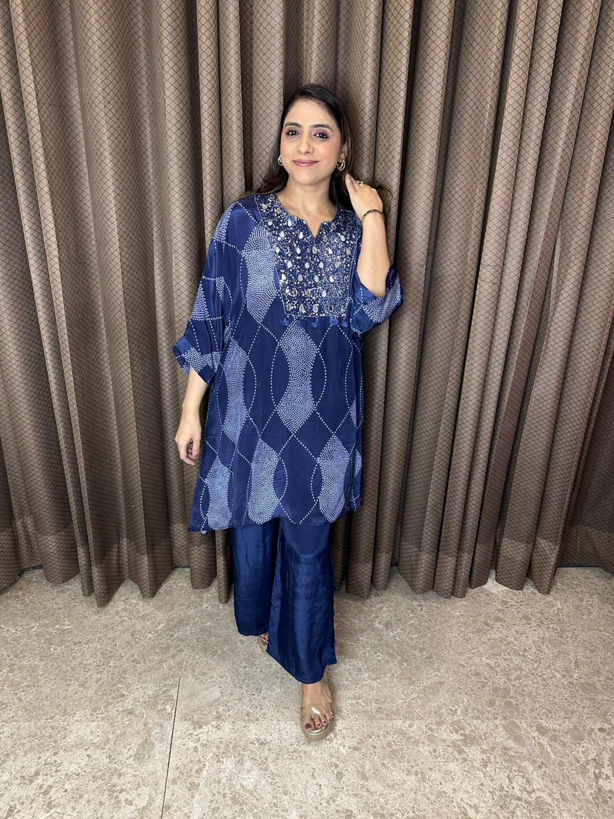Navy Blue Bandhani-Inspired Mirror Work Co-ord Set