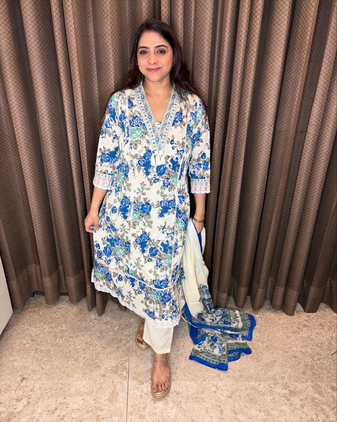 Floral Mirror-Embroidered A-Line Cotton Suit Set with Slit