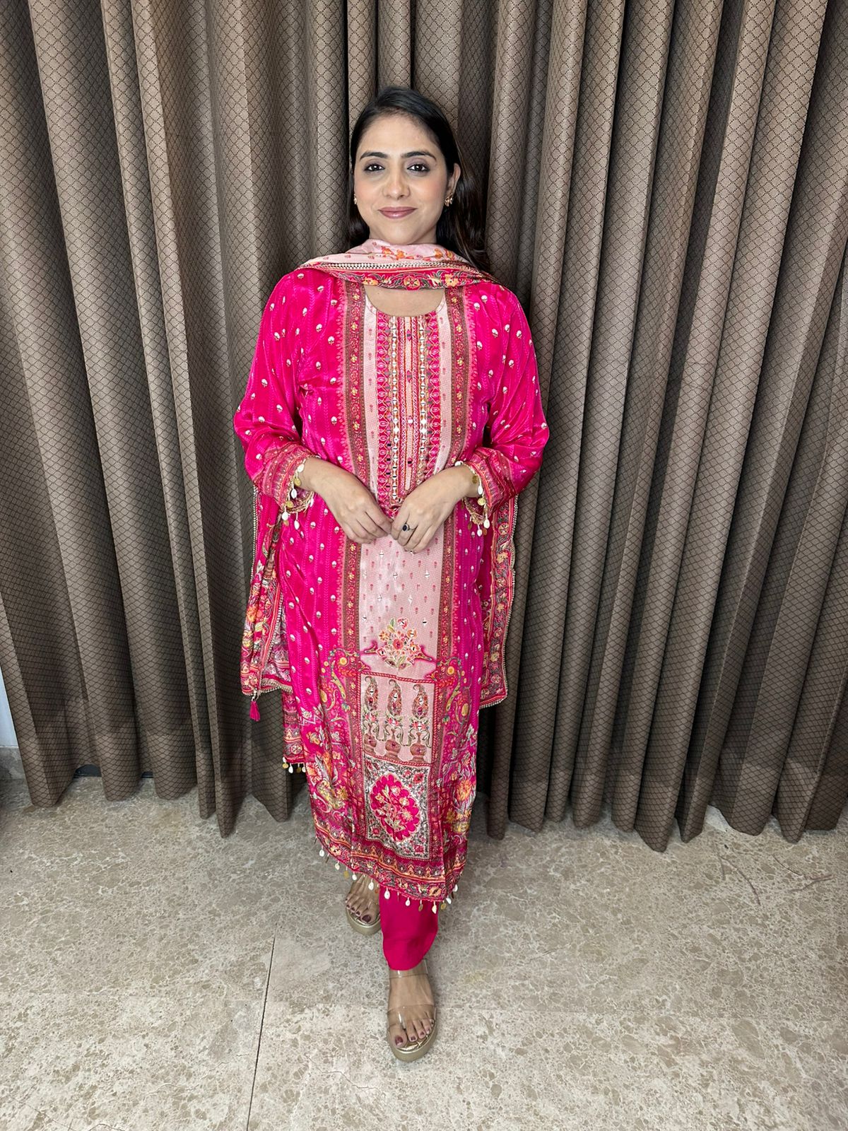 Vibrant Pink Printed Suit Set with Embellished Detailing
