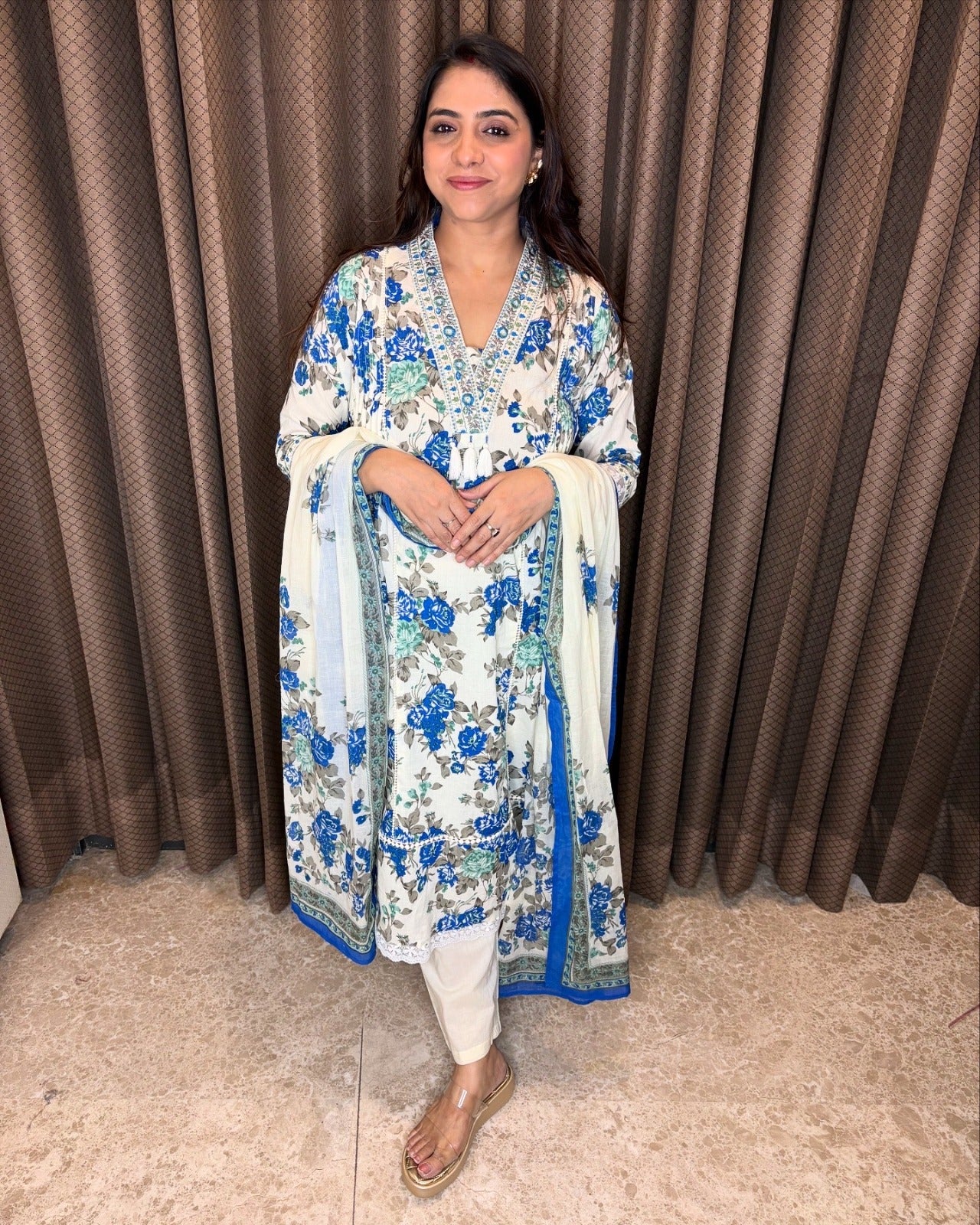 Floral Mirror-Embroidered A-Line Cotton Suit Set with Slit