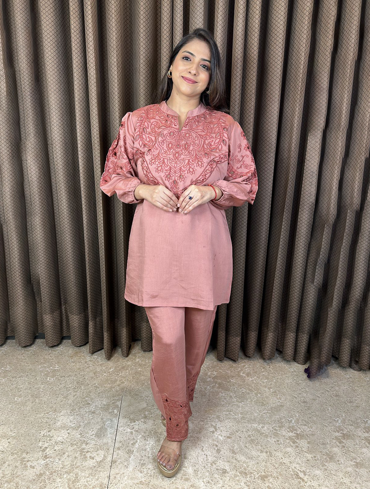 Dusty Rose Cut-work Co-ord Set with Statement Sleeves