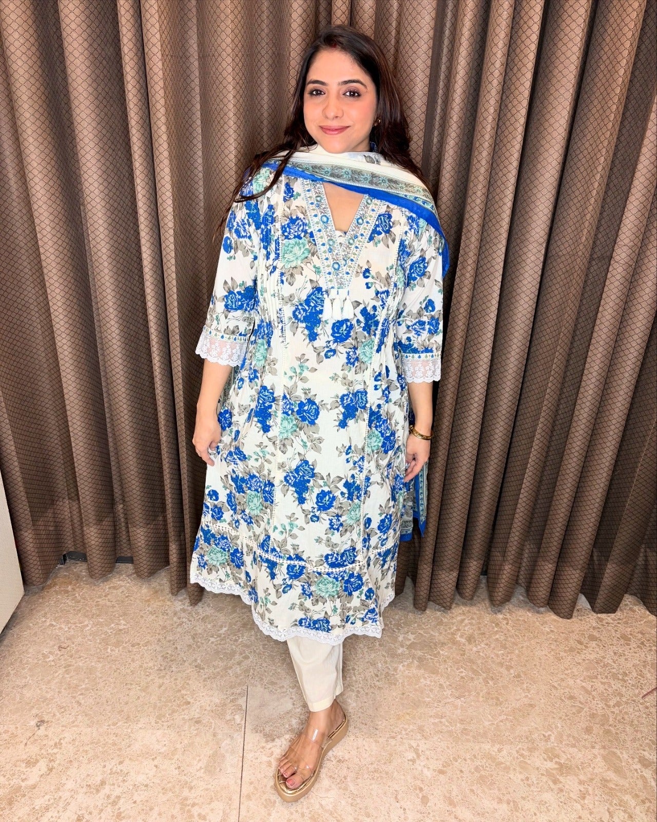 Floral Mirror-Embroidered A-Line Cotton Suit Set with Slit