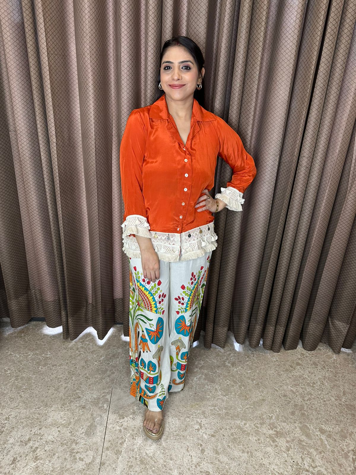Rust Crepe Shirt with Printed Boho Trousers