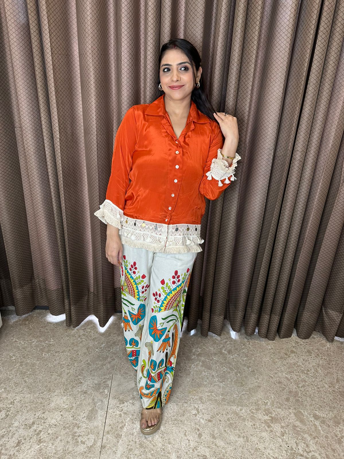 Rust Crepe Shirt with Printed Boho Trousers