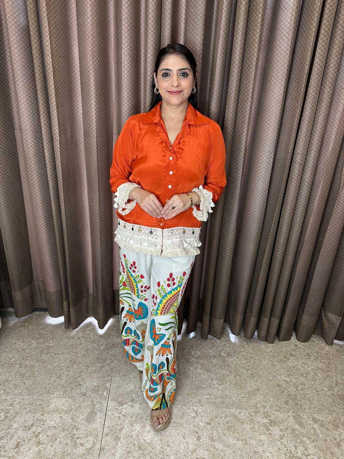 Rust Crepe Shirt with Printed Boho Trousers