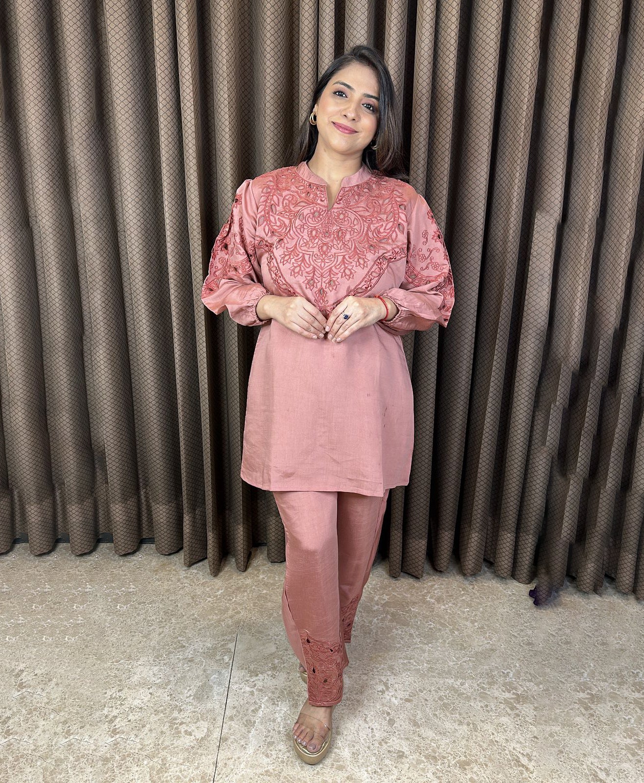 Dusty Rose Cut-work Co-ord Set with Statement Sleeves