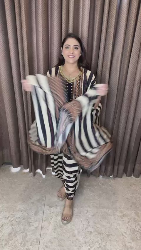 Black & White Striped Kaftan Style Co-ord Set with Ethnic Detailing