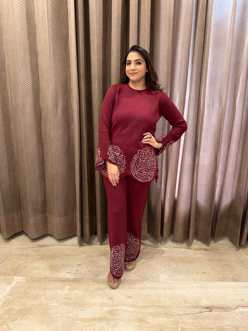 Maroon Floral Printed Knit Co-ord Set