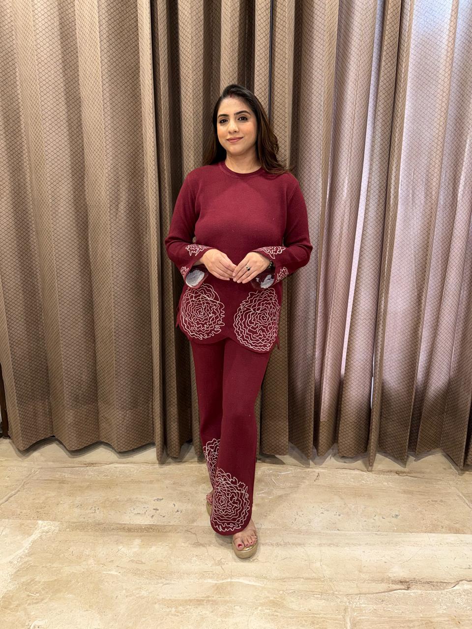 Maroon Floral Printed Knit Co-ord Set